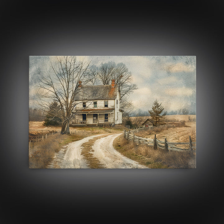 Old Country Roads Framed Wall Art Canvas Print, Water Color Painting Of A Rustic Cottage, Texas Decor, Southwest Wall Art