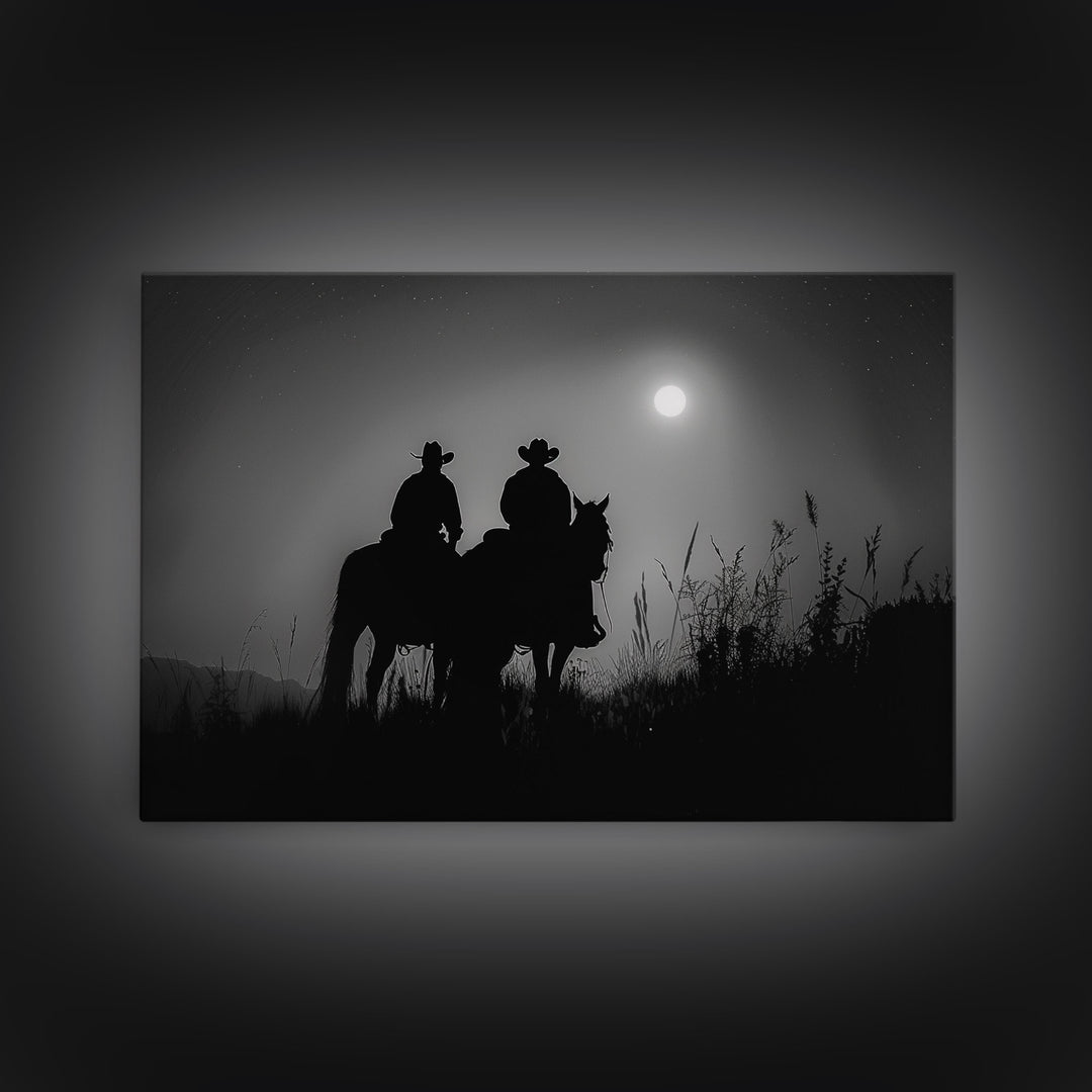 Cowboys Under A Full Moon, Framed Canvas Print, Black and White Western Photography, Wild West Art, Western Decor, Farmhouse Country Art