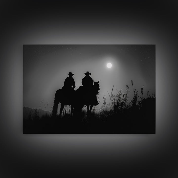 Cowboys Under A Full Moon, Framed Canvas Print, Black and White Western Photography, Wild West Art, Western Decor, Farmhouse Country Art