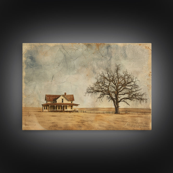 Little Farmhouse On A Texas Prairie Framed Canvas Print, Original Rustic minimalist Art, Wood Frame Rustic Home Decor