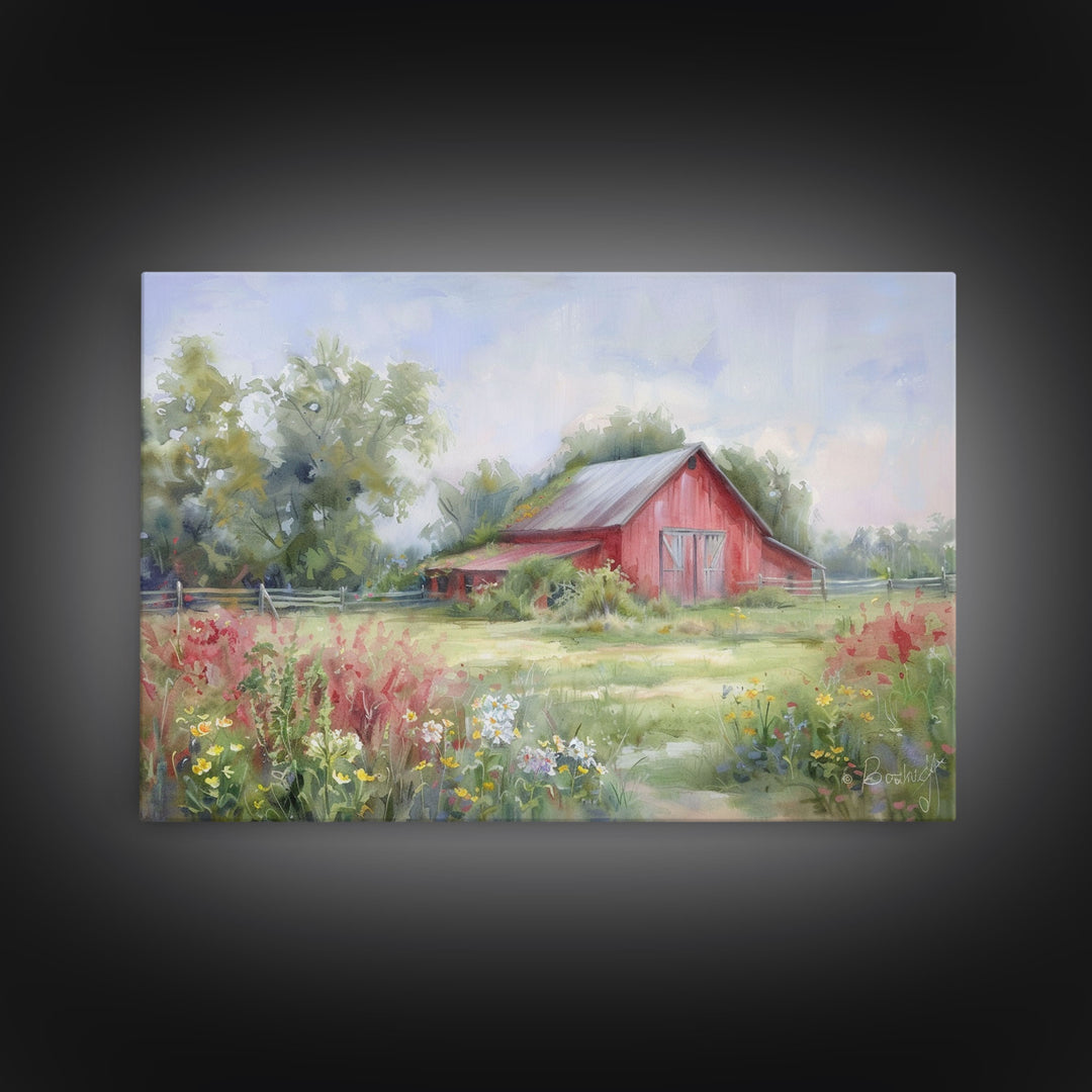 Old Red Barn Rustic Art, Framed Canvas Print Of An Original Art Watercolor Painting, Cottage Core Decor, Whimsical Kitsch Living Room Art