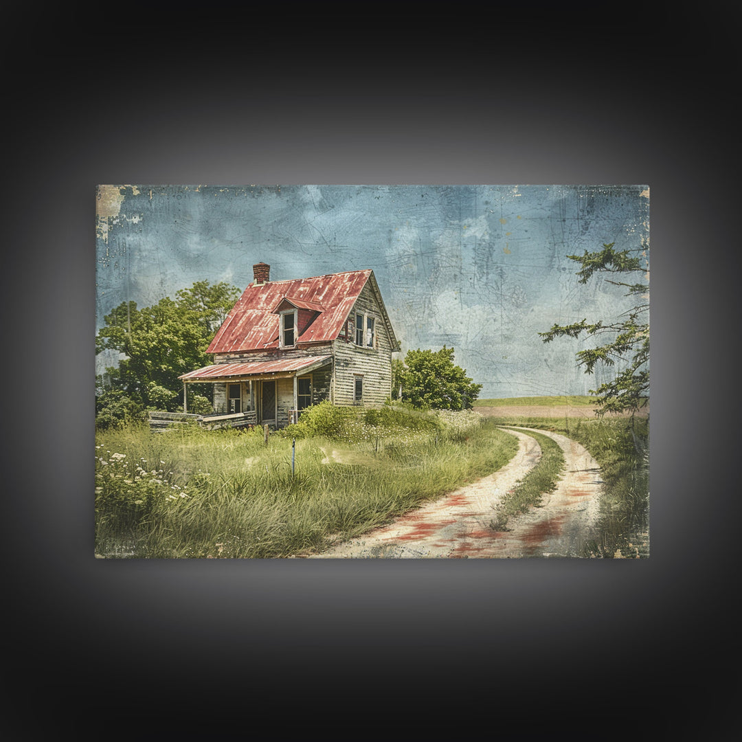 Watercolor Painting Of An Old Red Farmhouse, Framed Canvas Print, Wall Art Prints, Rustic Farmhouse Decor, Minimalist Art, Kitsch Decor