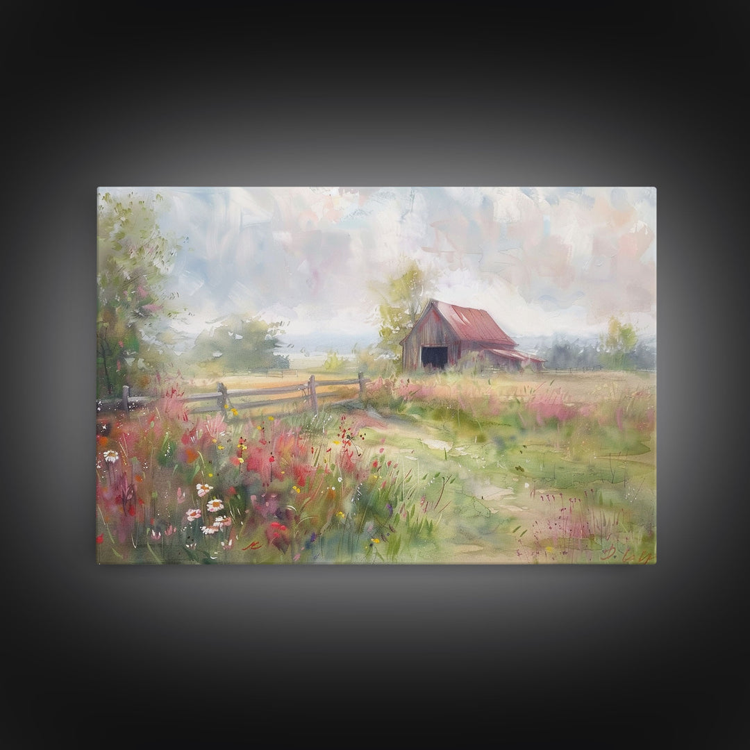 Farm Art, Framed Canvas Print, Rustic Watercolor Painting Of An Old Barn, Farmhouse Color Palette, Boho Decor