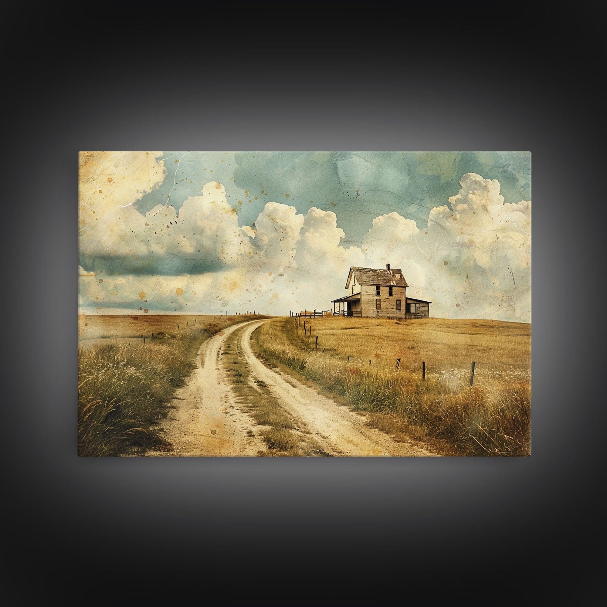Blue Skies and Country Roads Framed Canvas Print, Country Decor, Cottagecore Wall Art, Wood Frame Art, Metal Art, Original Art