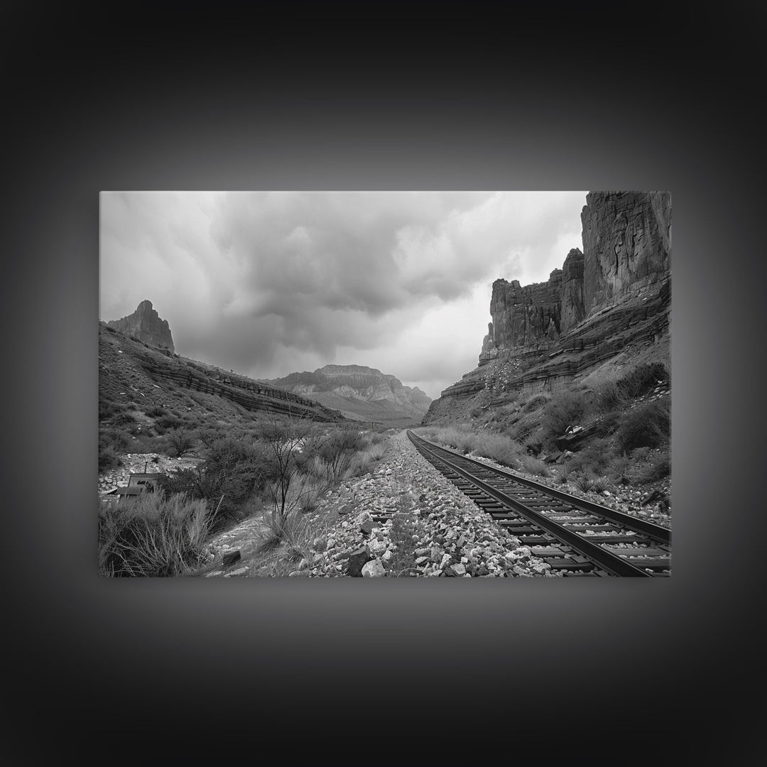 The Train Tracks, Framed Canvas Print, Black and White Western Photography, Wild West Art, Metal Art, Metal Print, Rustic Country Wall Art