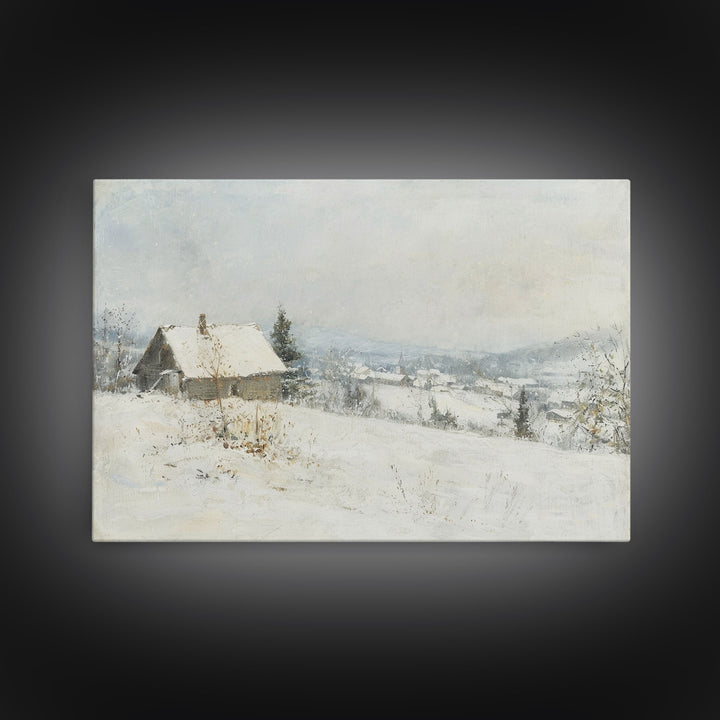 Farmhouse In The Winter, Framed Canvas Print, Christmas Scenary Landscape Painting, Americana Art, Custom Artwork Original