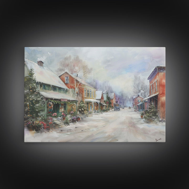 Small Town America At Christmas Time, Framed Canvas Print, Winter Scenary Wall Decor, Folk Art Framed Canvas, Metal Wall Art Living Room