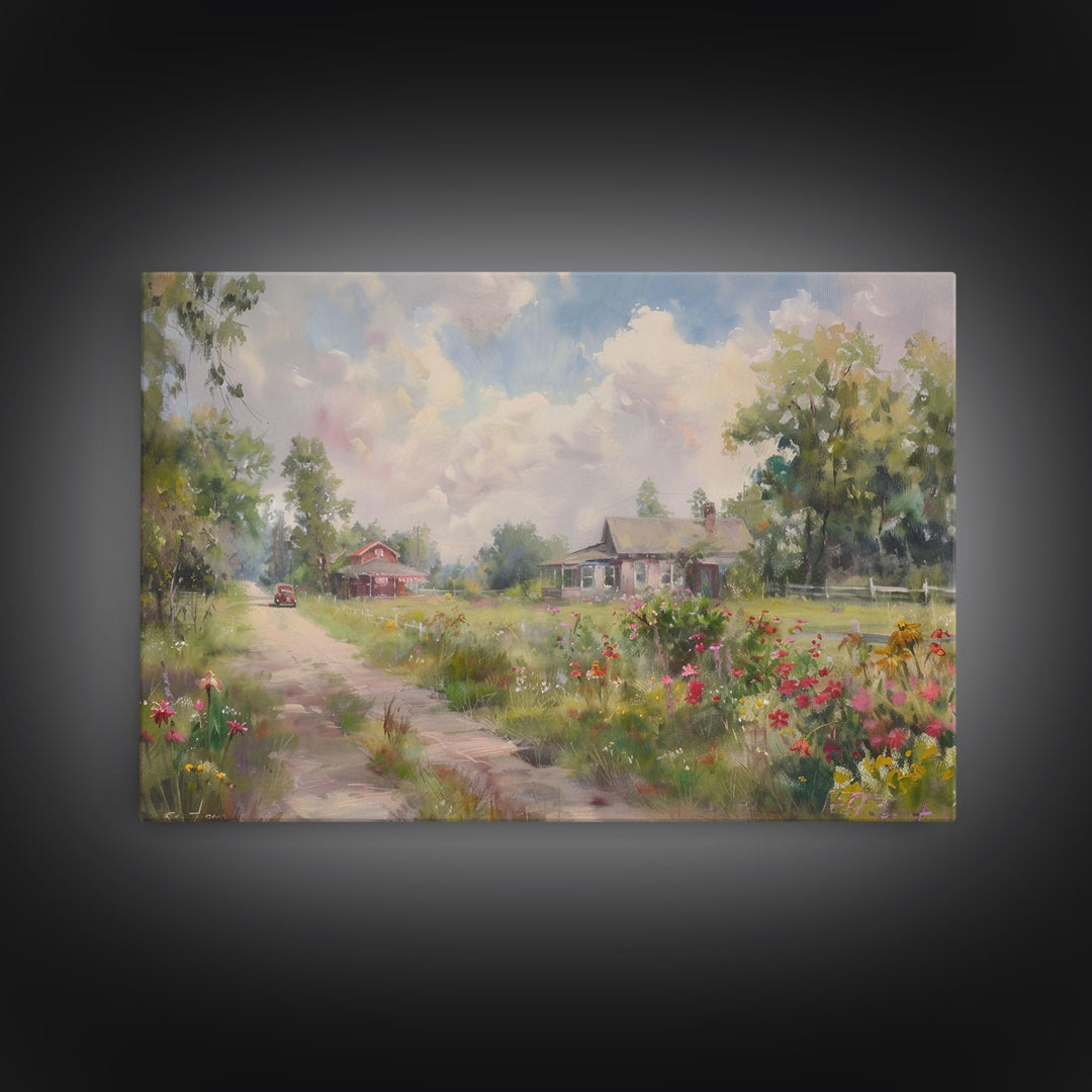 Kitsch Minimalist Watercolor Painting Print Of an Old Country Road, Wood Framed Print, Metal Wall Art, Room Decor, Aesthetic Room Decor