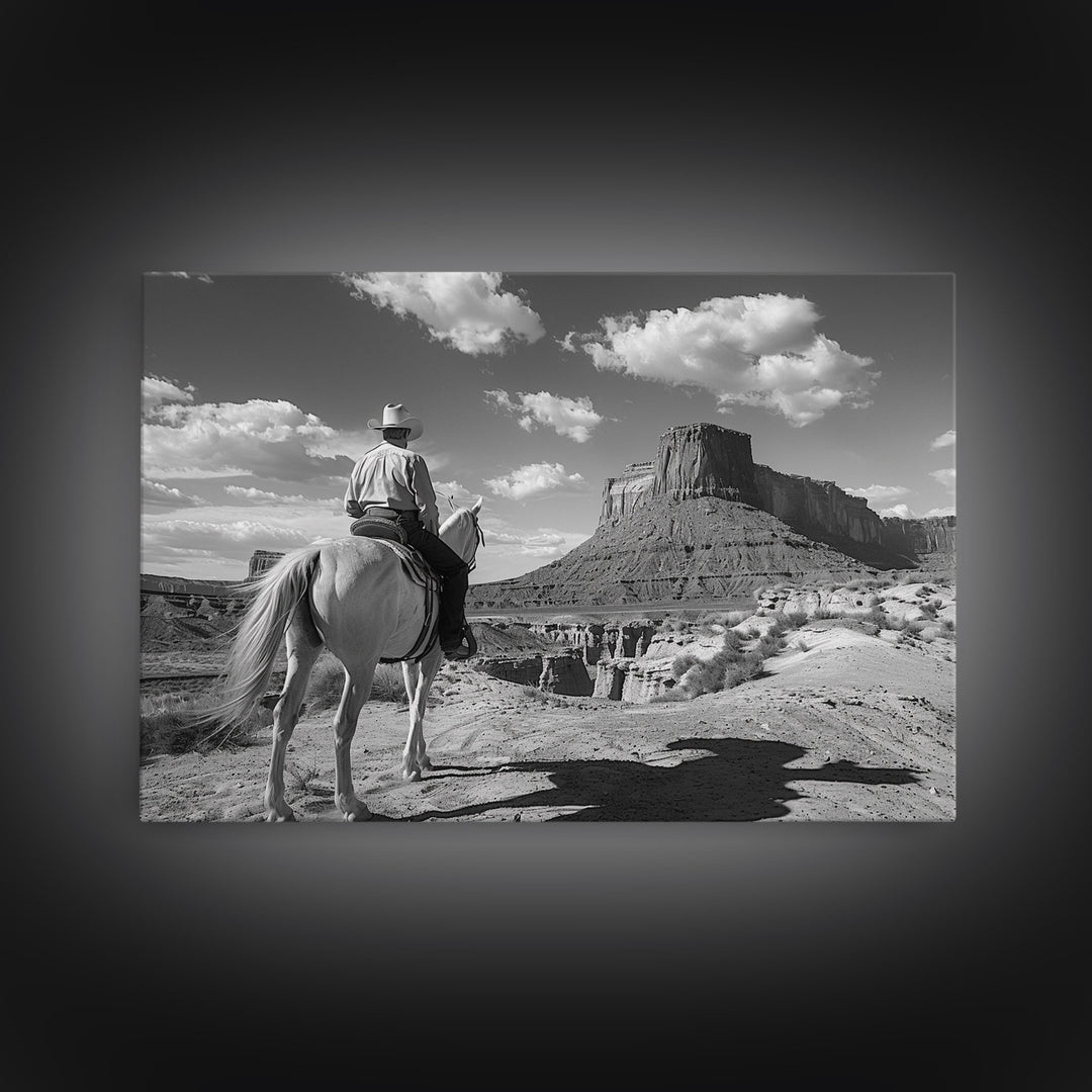 Lonesome Canyon Arizona Framed Canvas Print, Cowboy Print, Black and White Photography Wall Art, Country Farmhouse Decor, Metal Print