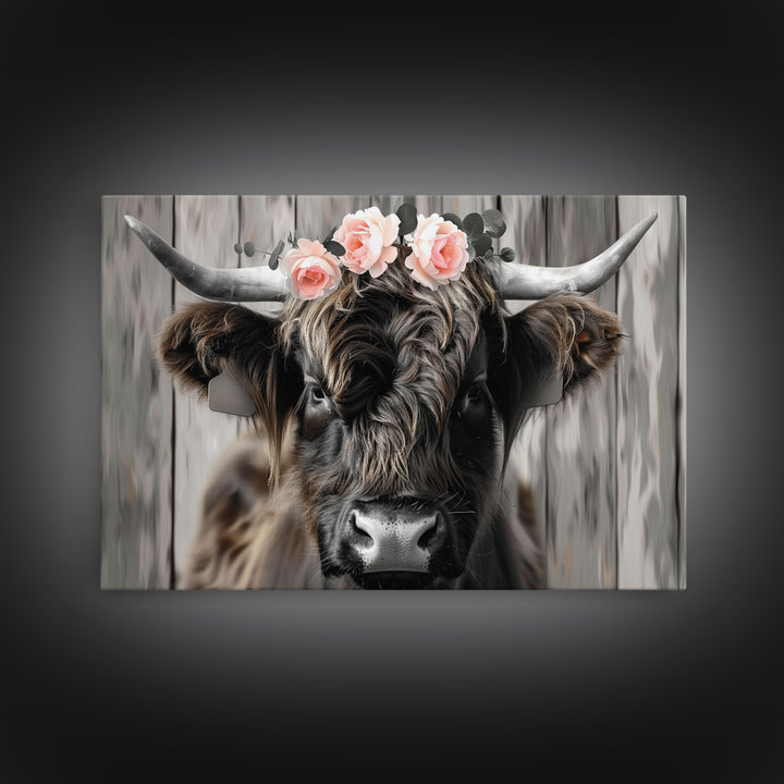 Framed Canvas Wall Art, Cute Highland Cow Print, Modern Wall Art Farmhouse Decor, Fun Rustic Farmhouse Art, Life On The Farm, Cow and Flower