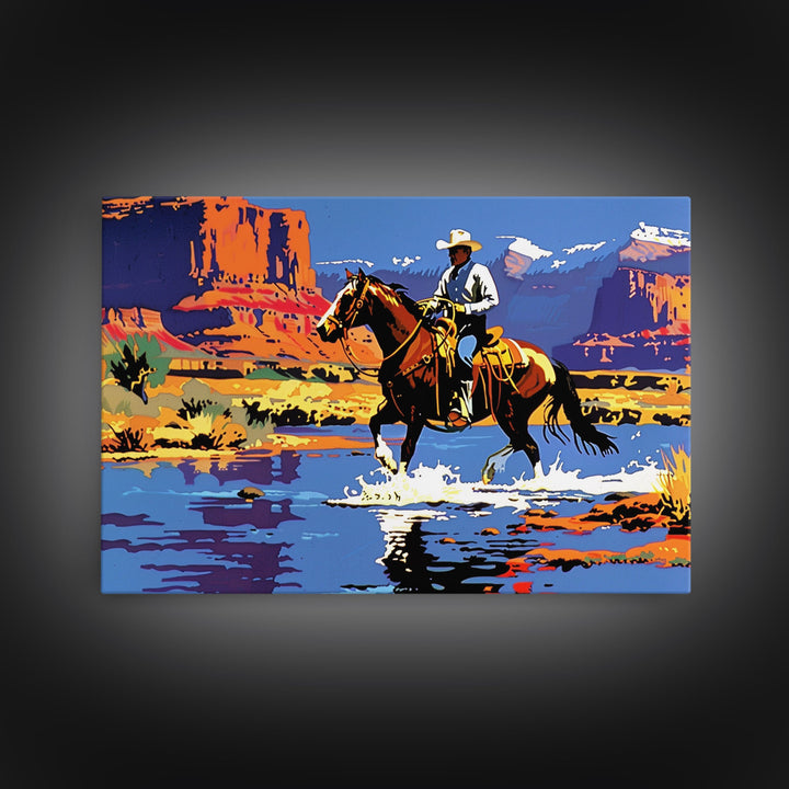 Crossing The Colorado River, Framed Canvas Print, Kitsch Western Wall Art, Colorful Western Painting Original Artwork, Pop Art Painting