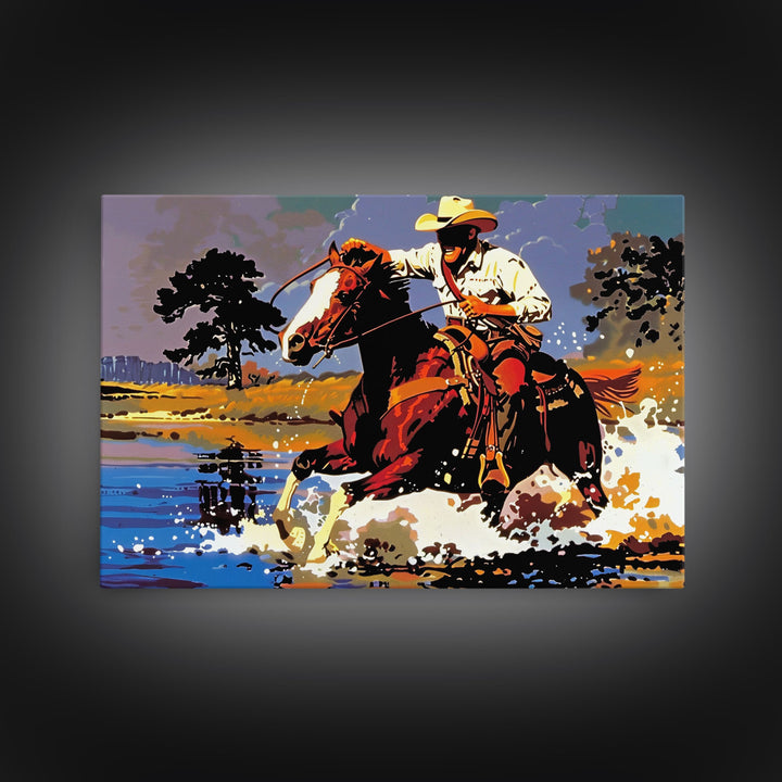 Cowboy Crossing The Colorado River, Arizona Print, Original Painting Framed Canvas Print, Western Home Decor, Wild West Art