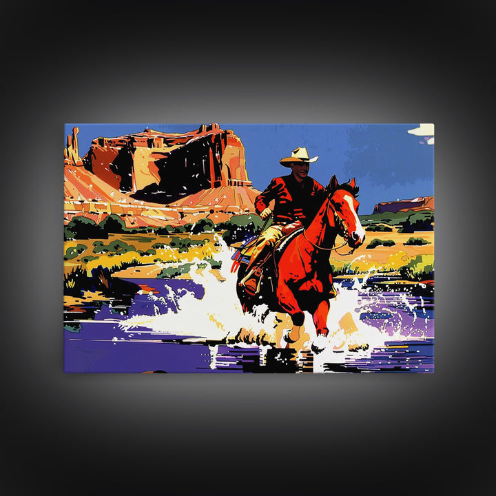 Crossing The Colorado River, Framed Canvas Print, Kitsch Western Wall Art, Colorful Western Painting Original Artwork, Pop Art Painting