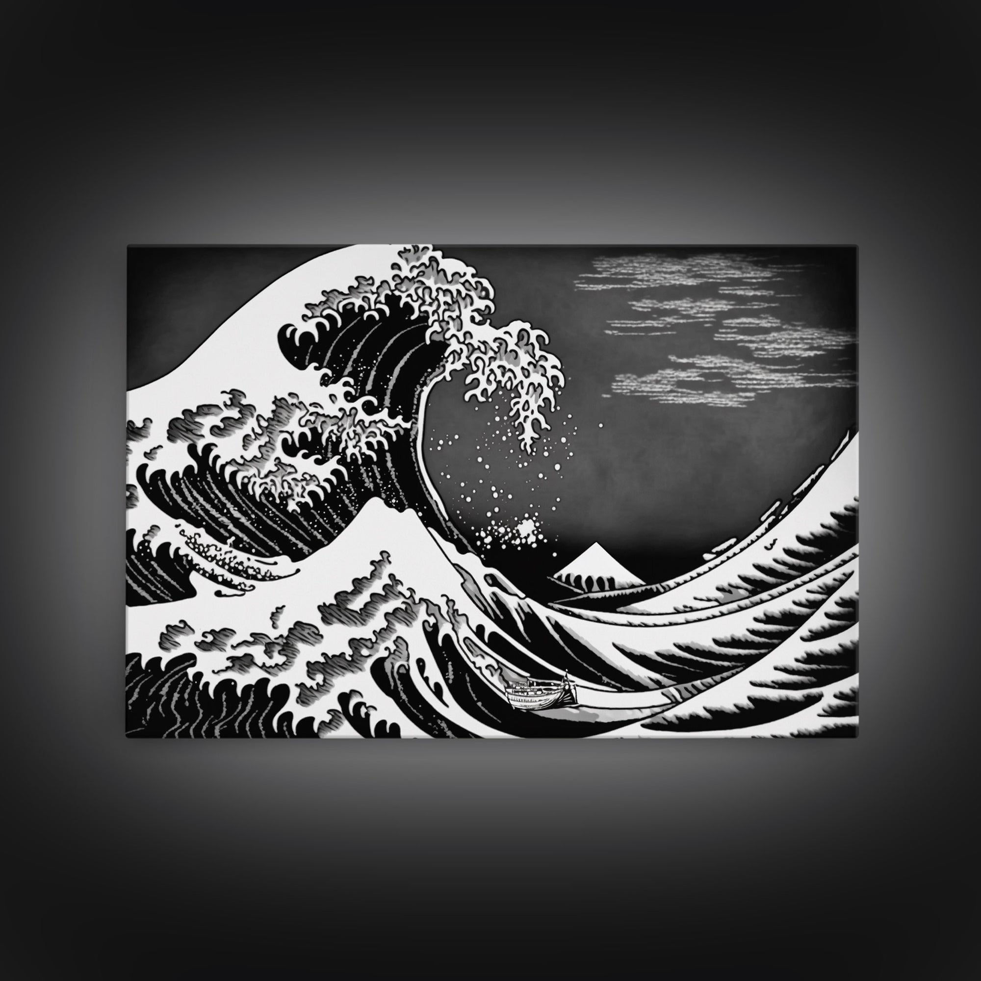 Black and White Wave Canvas Print, Hokusai Inspired Wall Art, Woodblock Print Style, Wall Art, Vintage Style Wall Art
