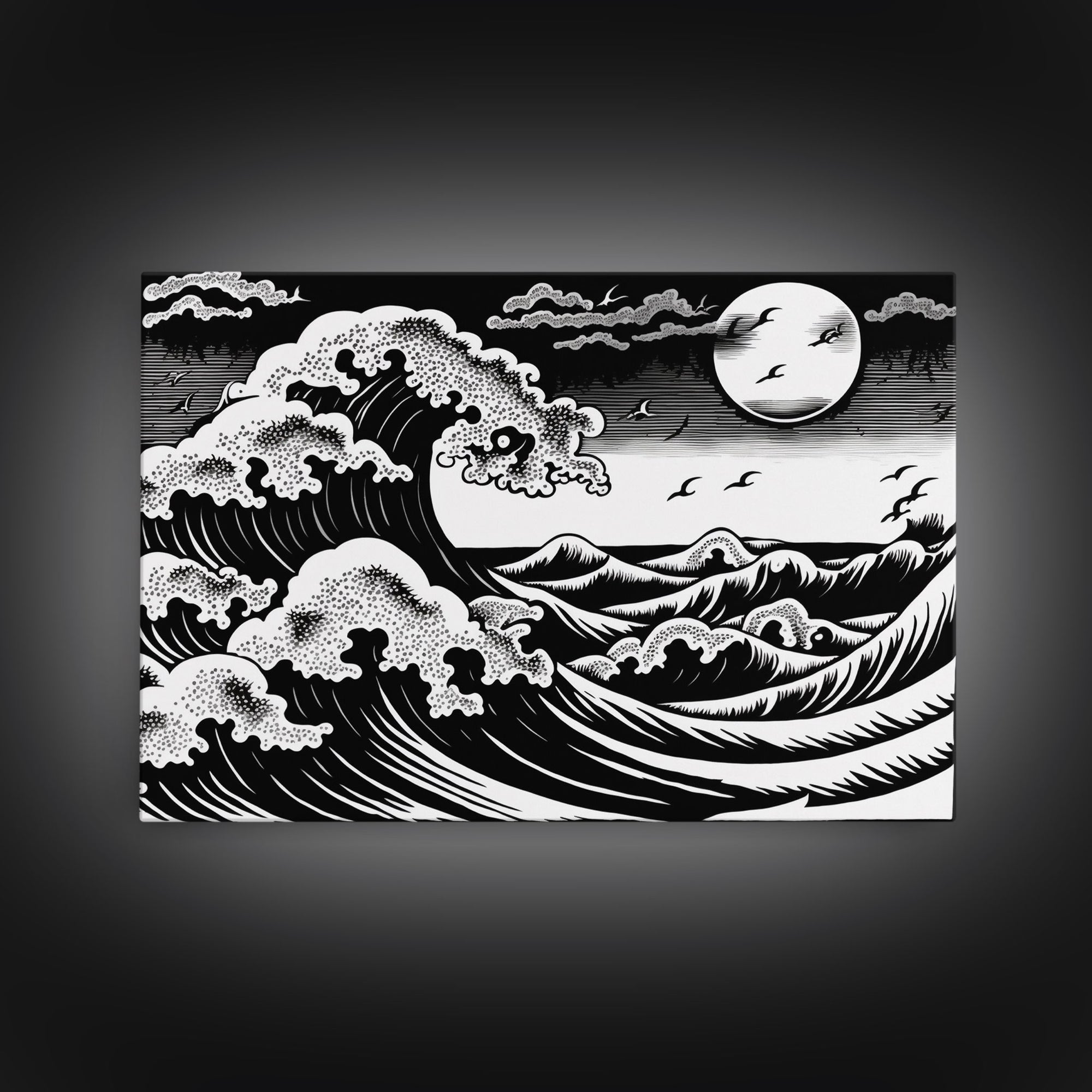 Black and White Wave Canvas Print, Hokusai Inspired Wall Art, Woodblock Print Style, Wall Art, Vintage Style Wall Art