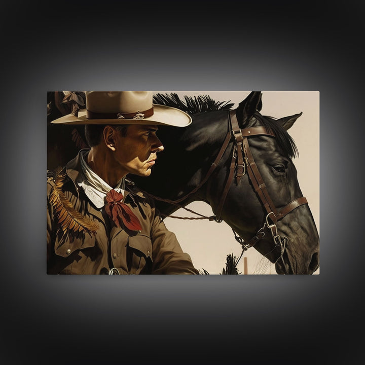 Vintage Cowboys Painting Print Horse Wall Art Canvas Hunting Southwest Sketch Drawing Poster Framed Antique Country Rustic Farmhouse Decor