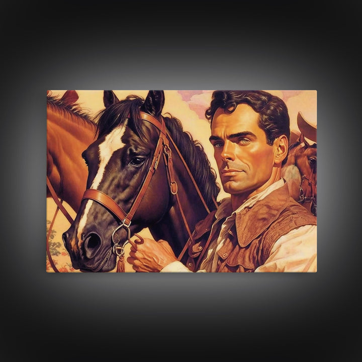 Vintage Cowboys Painting Print Horse Wall Art Canvas Hunting Southwest Sketch Drawing Poster Framed Antique Country Rustic Farmhouse Decor