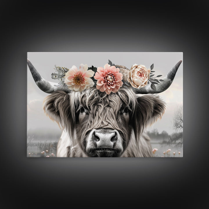 Cute Framed Canvas Wall Art, Cute Cow Wearing Flowers, Farmhouse Decor, Farmhouse Wall At, Extra Large Boho Decor, Minimalist Modern Art
