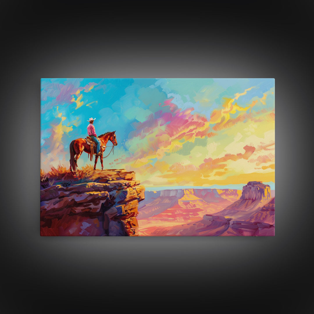 Framed Wall Art Giclée Fine Art Print, Watercolor Painting of A Cowboy On A Mountain Ridge, Rustic Western Decor, Country Decor, Metal Print