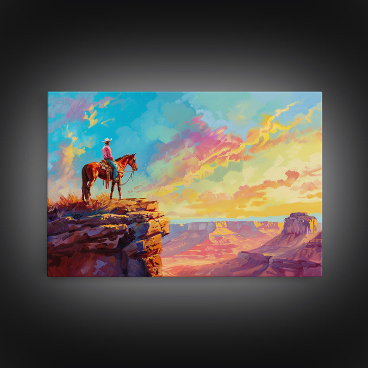 Framed Wall Art Giclée Fine Art Print, Watercolor Painting of A Cowboy On A Mountain Ridge, Rustic Western Decor, Country Decor, Metal Print