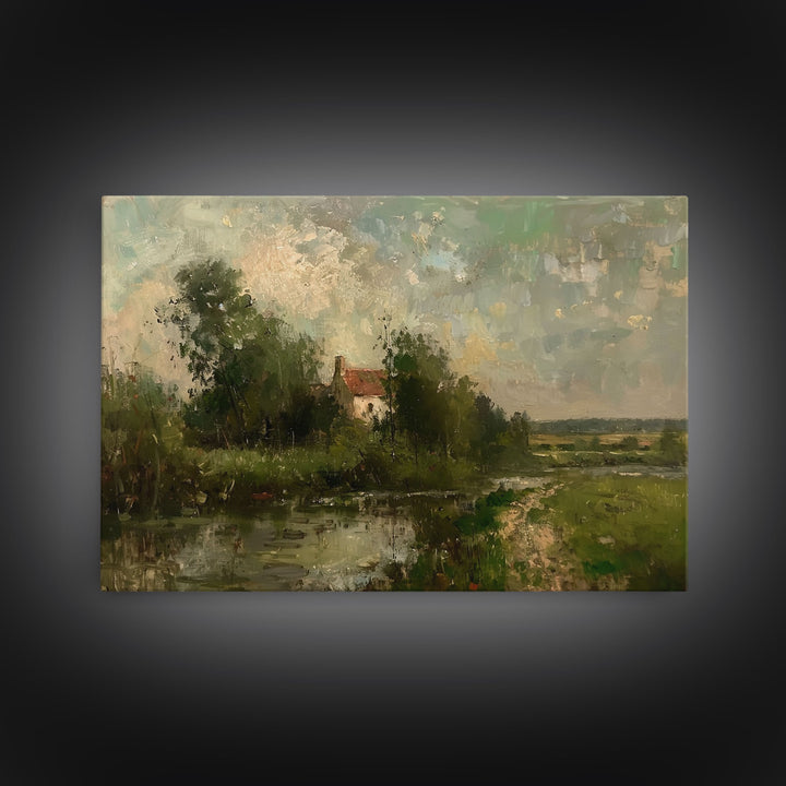 Slightly Scorched Vintage Landscape Painting Canvas Print - Farmhouse Painting - Wall Art - Large Print