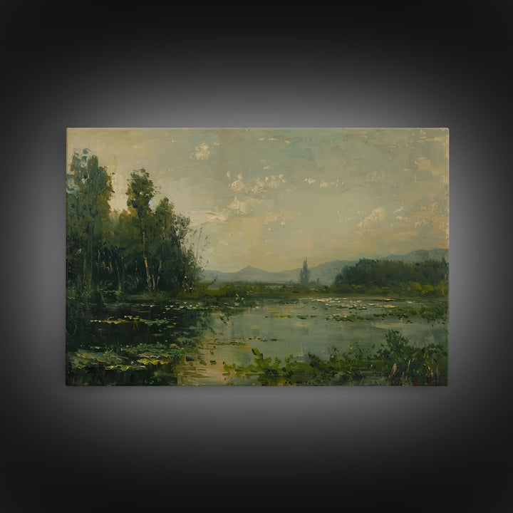 Dutch Landscape With Lake Framed Canvas Print Oil Painting, Wood Frame Wall Art, Cottage Core, Farmhouse Decor, Living Room Art