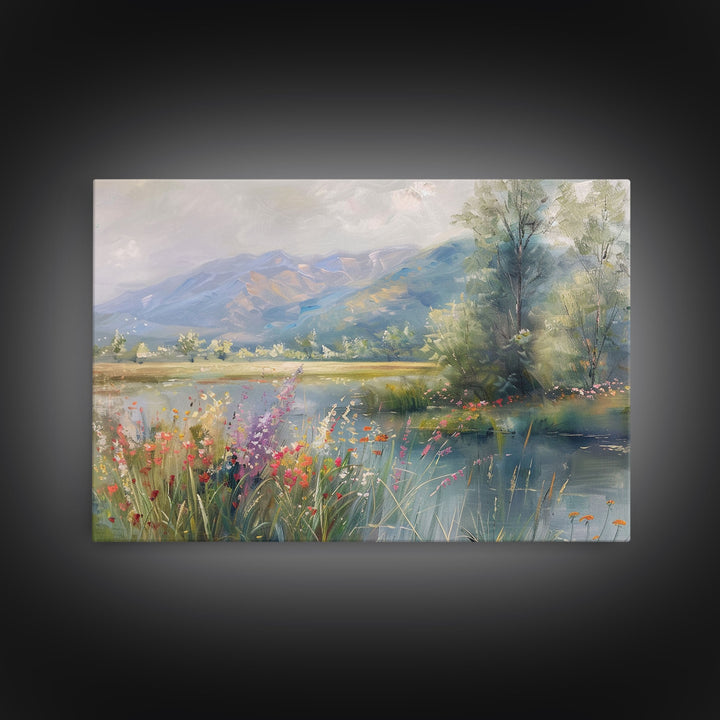 Dutch Landscape With Lake Framed Canvas Print Oil Painting, Wood Frame Wall Art, Cottage Core, Farmhouse Decor, Living Room Art