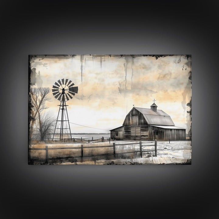 Farmhouse House Decor Large Canvas Print, Old Barn Painting, Black and White Photography Print, Pastoral Hills, Vintage Decor