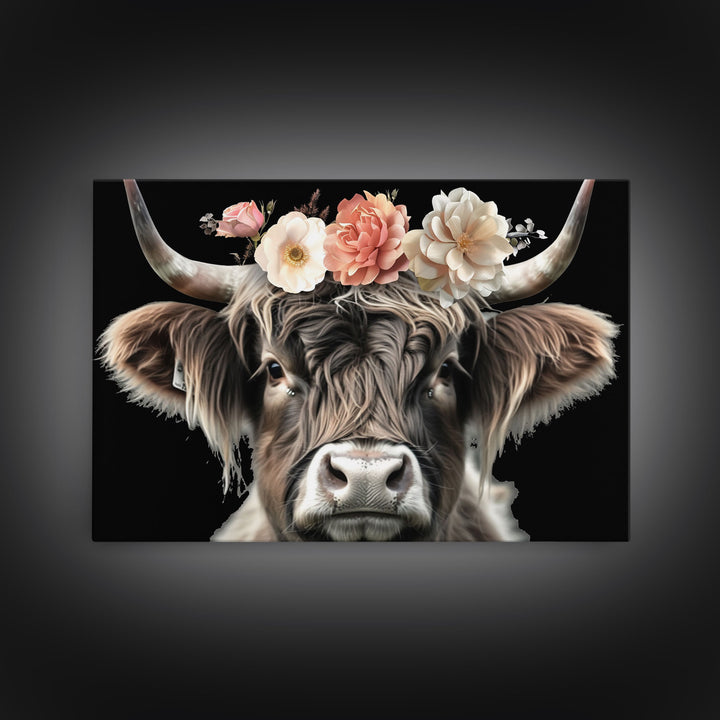 Framed Highland Cow With Flowers Painting canvas print Farmhouse art Cattle Wooden background Country wall art Cow print Rustic Wall Art