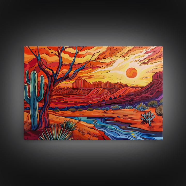 Midcentury Modern Pop Art Desert Landscape Painting Canvas Print, Framed Wall Art, Southwestern Decor, Home Decor Wall Art, Country Decor