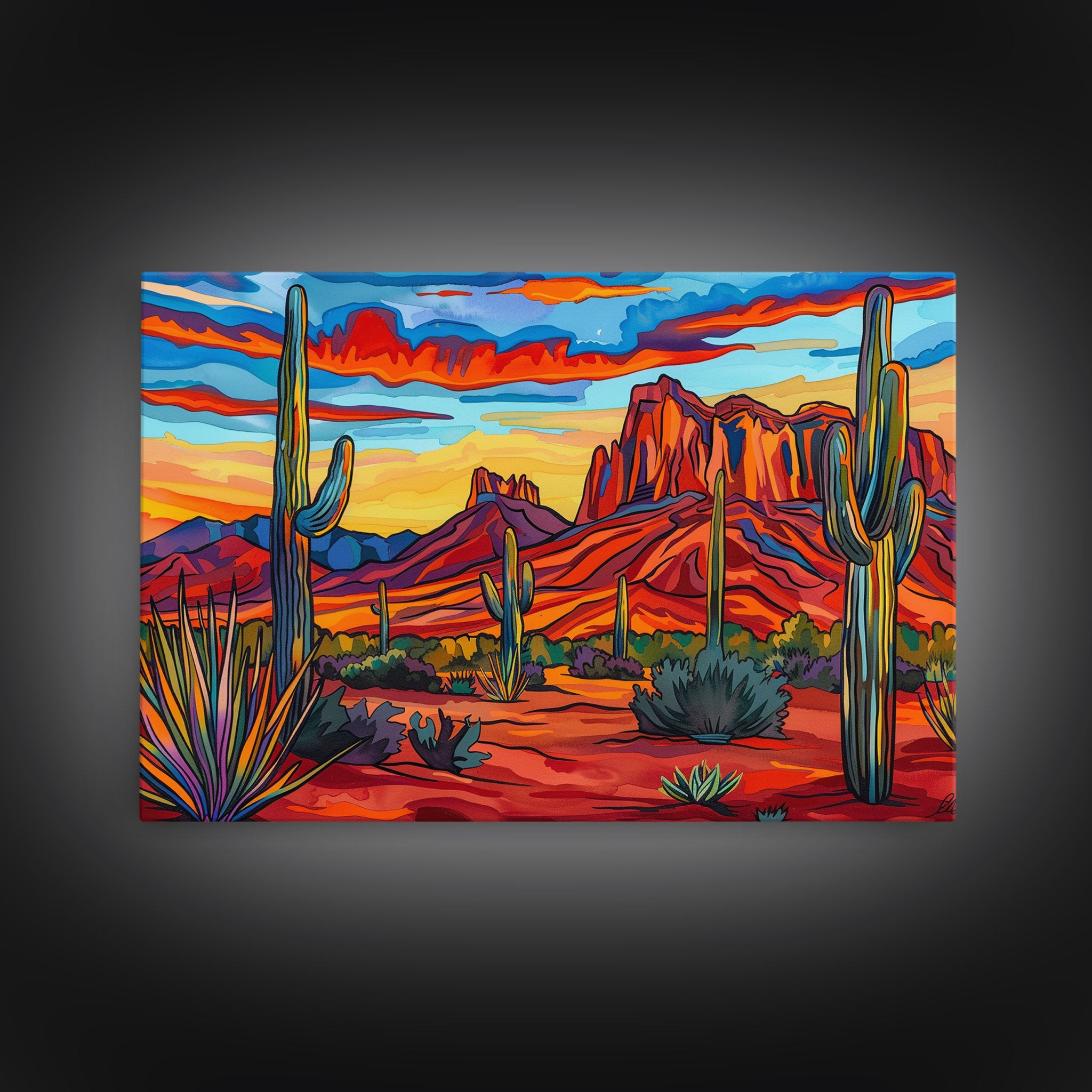 Retro Style Desert Landscape Painting Print, Pop Art, Farmhouse