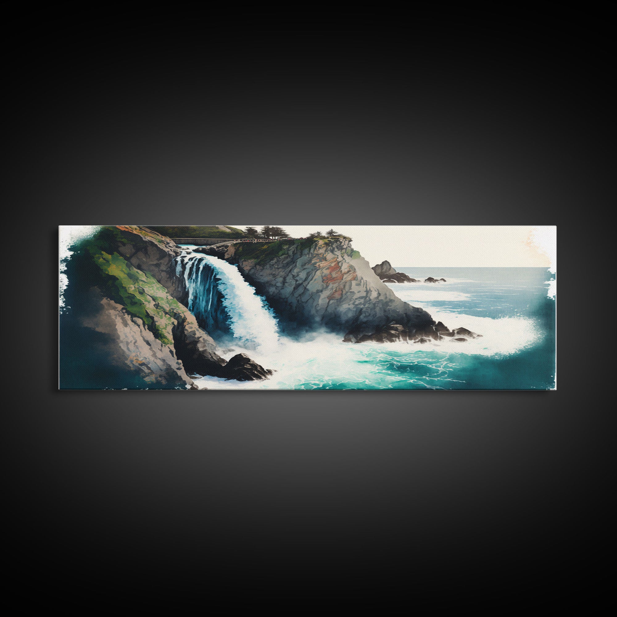 Panoramic Framed Canvas Print - Watercolor Fantasy Waterfall - Home Decor, Living Room, Secret Water Fall, Fantasy Art