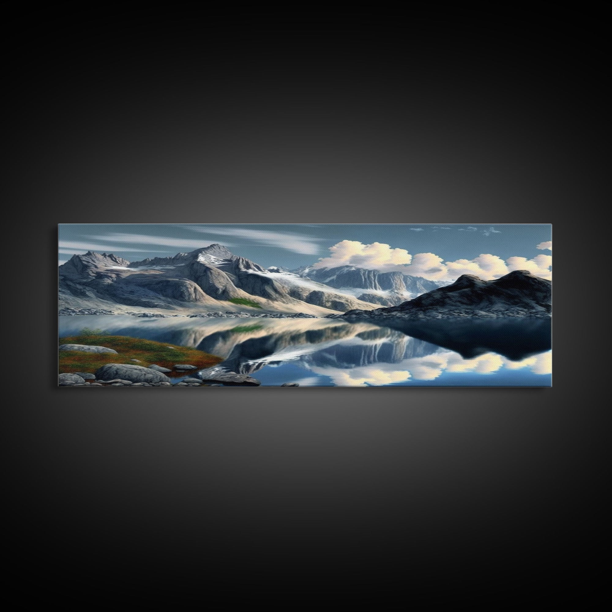 Panoramic Framed Canvas Print of Snow Covered Mountain & Reflection in Lake - Watercolor Landscape Painting for Home Decor