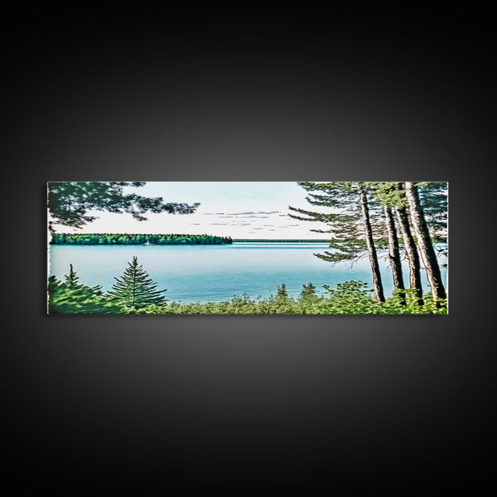 Pacific Northwest Lake Scene Watercolor Landscape Canvas Print - Framed Panoramic Artwork for Home Decor - Pine Tree Forest Lake Landscape