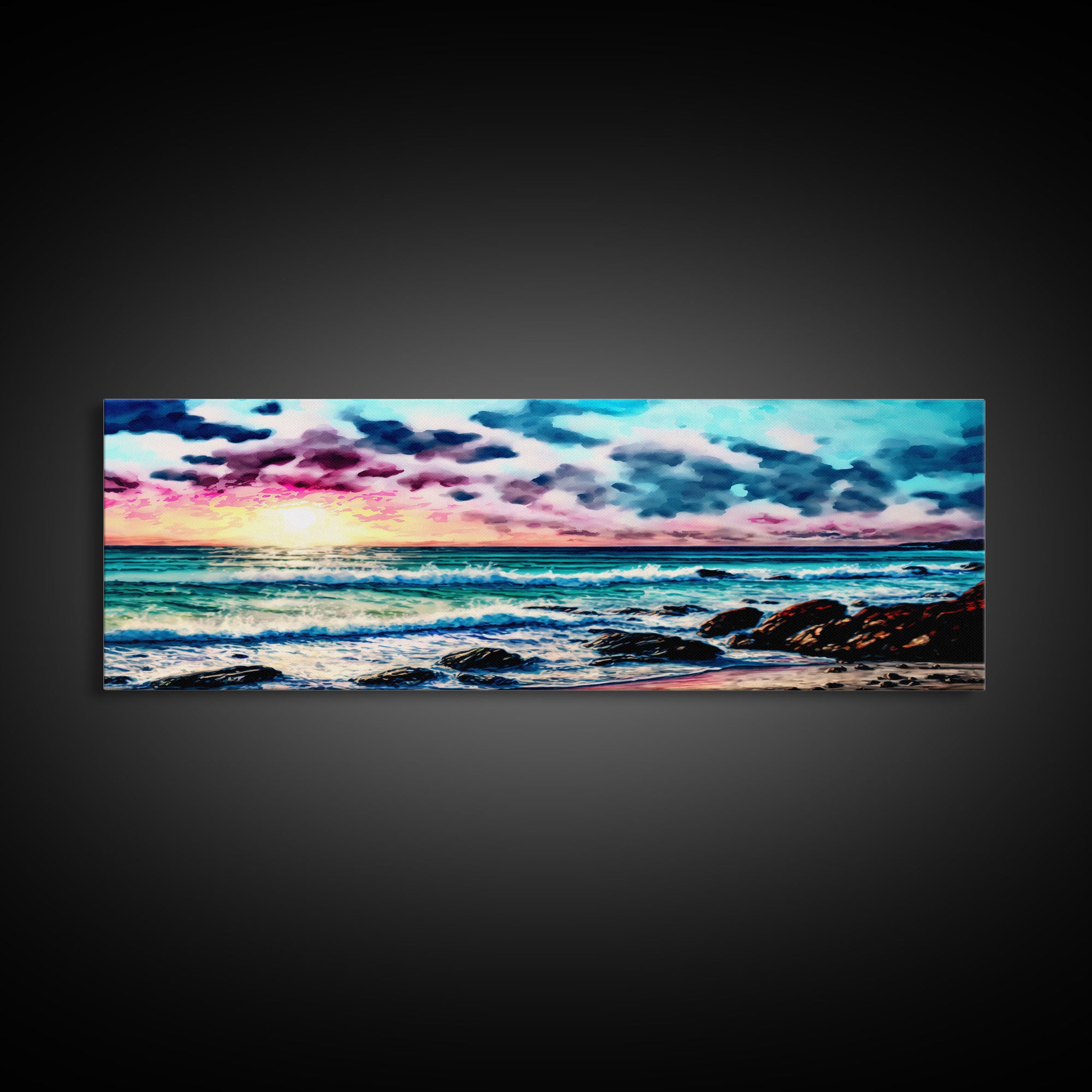 Vibrant Beach Panoramic Framed Canvas Print - Watercolor Landscape Painting with Clouds & Waves - For Home or Office Decor
