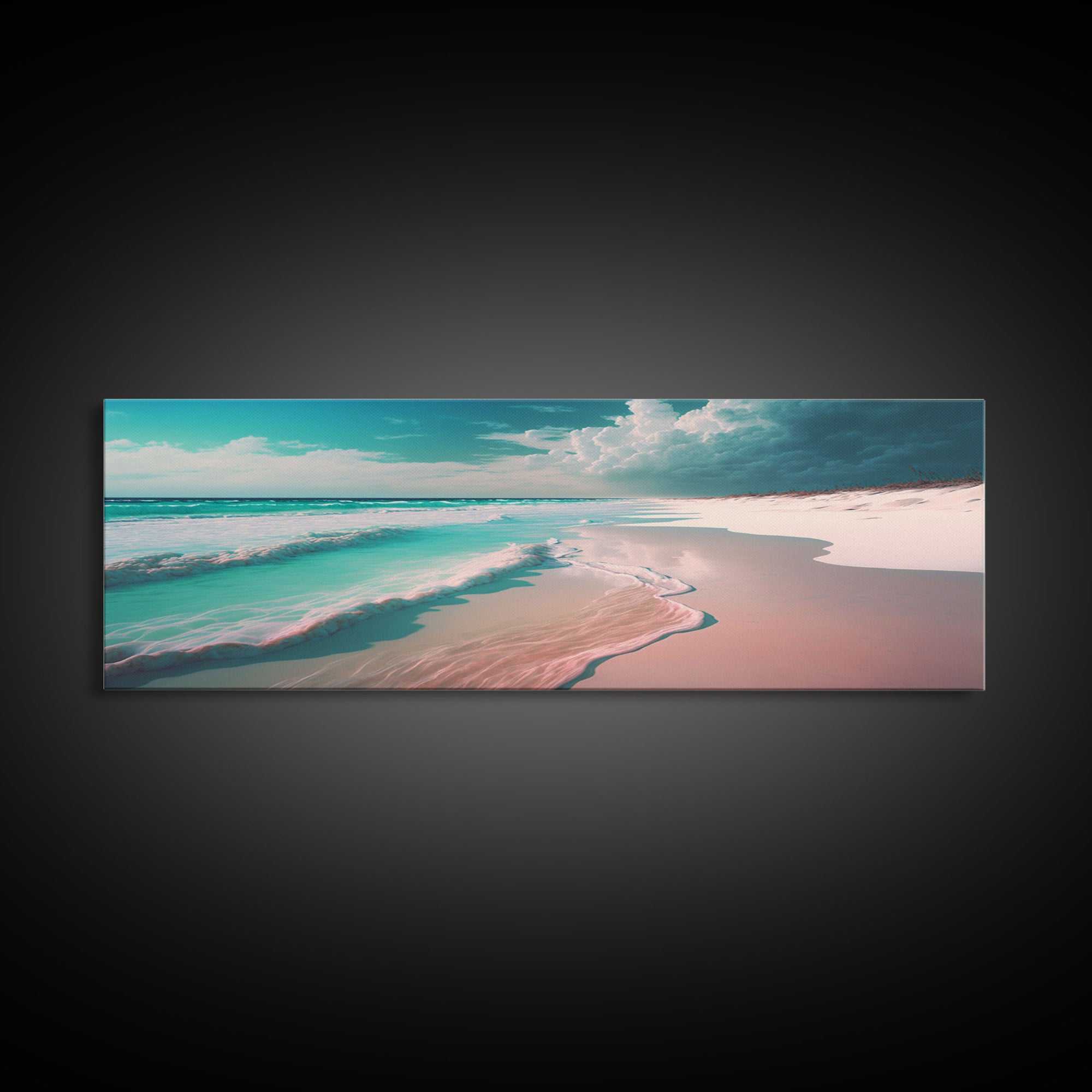 Panoramic Framed Canvas Print of Watercolor Beach Sunset Landscape Painting, Blue Ocean Waves, Tranquil Art, Peaceful Art