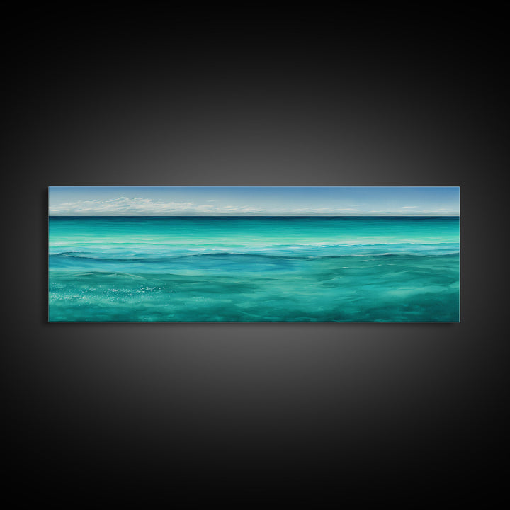 Panoramic Canvas Print of Blue Ocean Landscape Painting - Home and Office Decor, Sea Green, Seascapes, Pacific Ocean, Atlantic Ocean