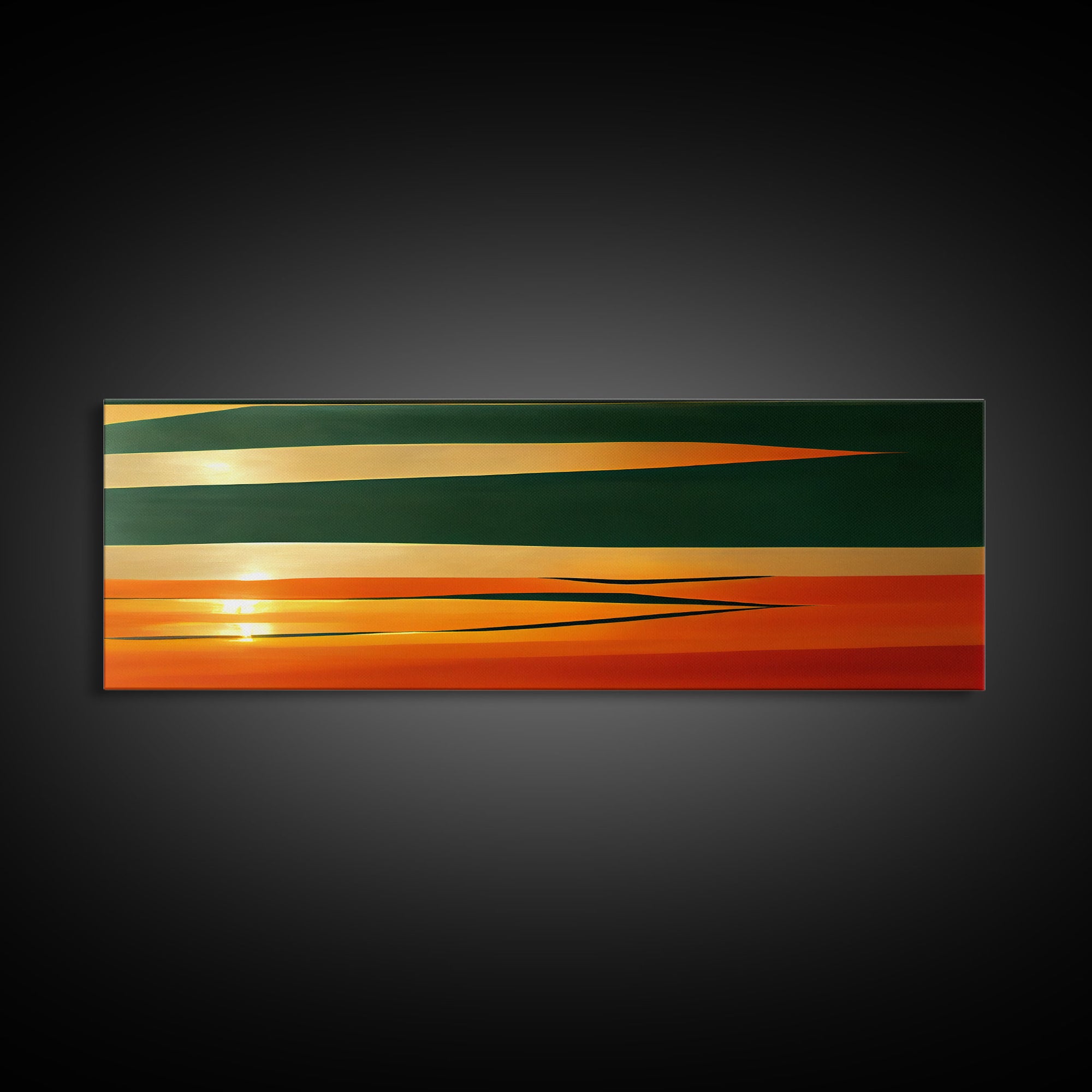 Art Deco Wall Art, Framed Canvas Print, Emerald Green and Gold Palm Tree Leaves and Sunset, Panoramic Ultrawide Art, Large Format Wall Decor
