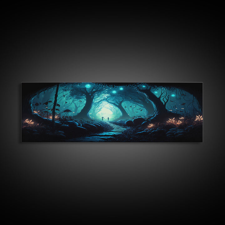 The mycelium Networrk, Fantasy Art, Framed Canvas Print, Bioluminescent Fantasy Forest At Night, Blue Glowing Ambience Art