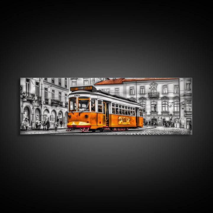 Tram Art, Lisbon Wall Art, Yellow Color Pop, Urban Art Print, Large Print, Vibrant Art, Framed Canvas, Panoramic, Wall Art, Canvas Print