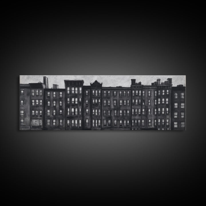 Row Of Buildings Pencil Sketch, Monochromatic Art, City Art, Large Urban Art Print, Wall Decor, Panoramic, Wall Art, Canvas Print
