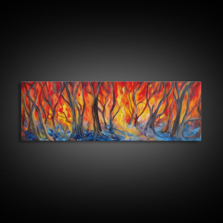 Flames In The Woods Canvas Art Print, Forest Fire, Red Flame, Wall Decor, Framed Large Canvas Print, Panoramic, Wall Art, Canvas Print