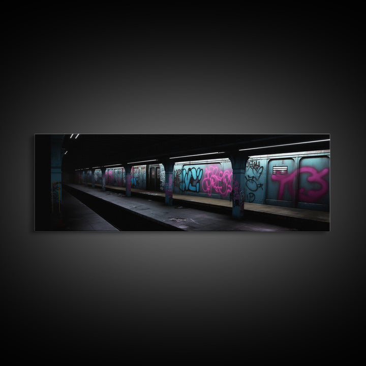 Urban Art, Graffiti On Subway Train, Pink And Teal Graffiti Art Canvas, Wall Decor Framed Canvas Print, Panoramic, Wall Art, Canvas Print