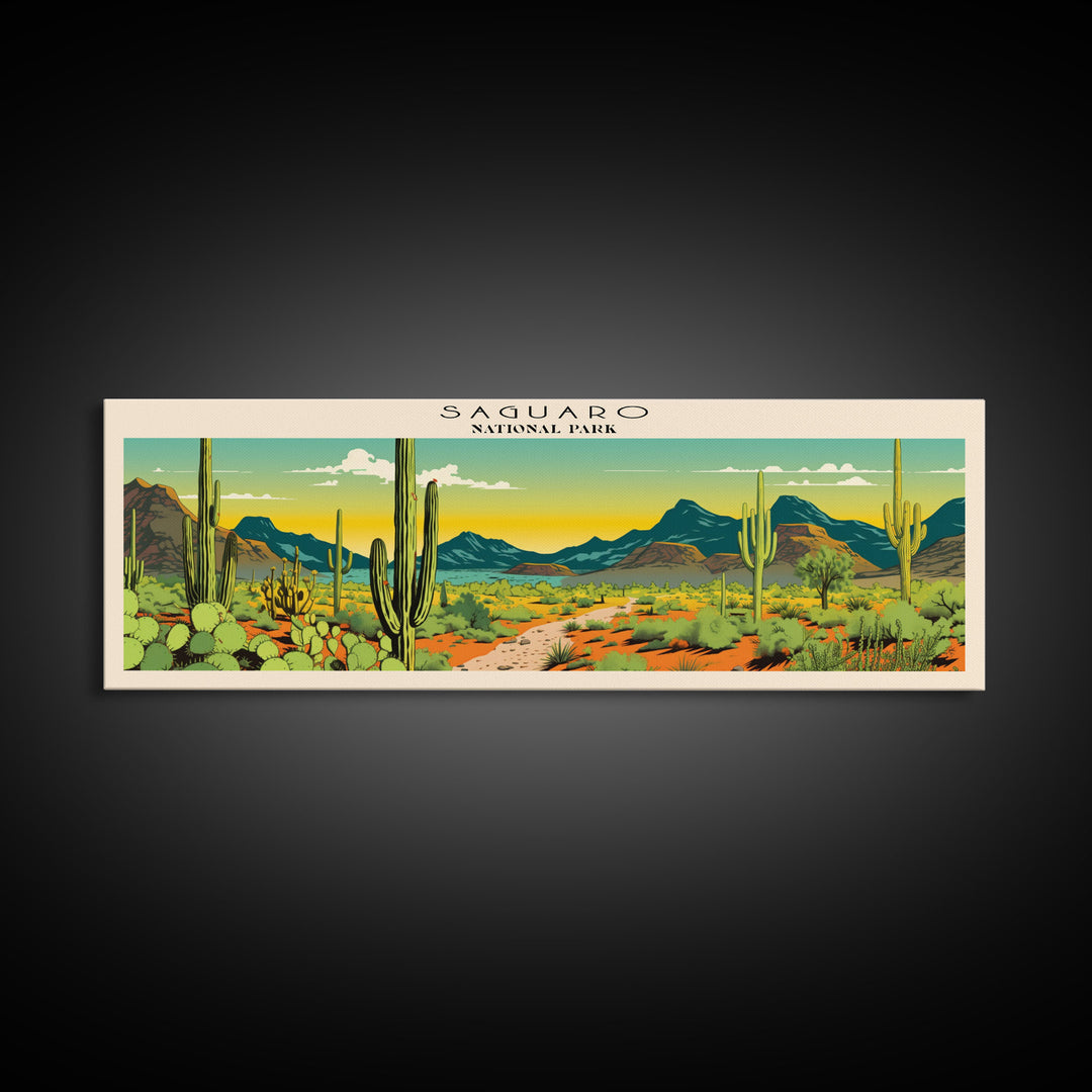 Saguaro  National Park Panoramic Arizona Travel Art, National Park Print, Minimalist Travel Art, Subdued Watercolor Painting Panoramic