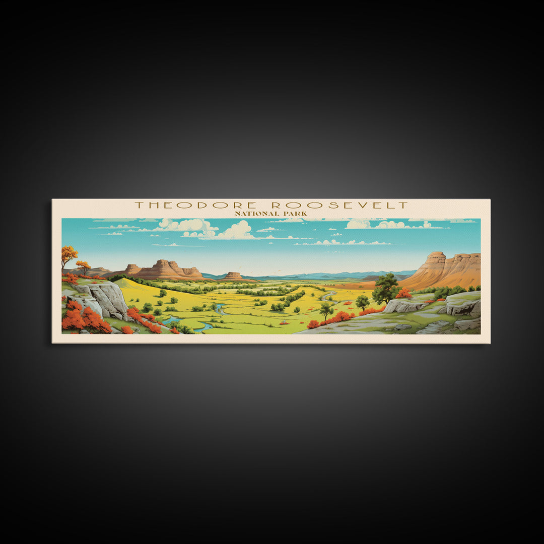 Theodore Roosevelt National Park Panoramic North Dakota Travel Art, National Park Print, Minimalist Travel Art, Midcentury Modern Style