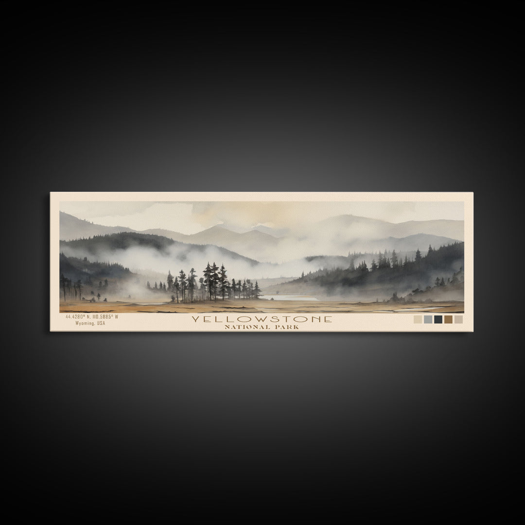 Yellowstone National Park Panoramic Wyoming Travel Art, National Park Print, Minimalist Travel Art, Subdued Watercolor Painting Panoramic