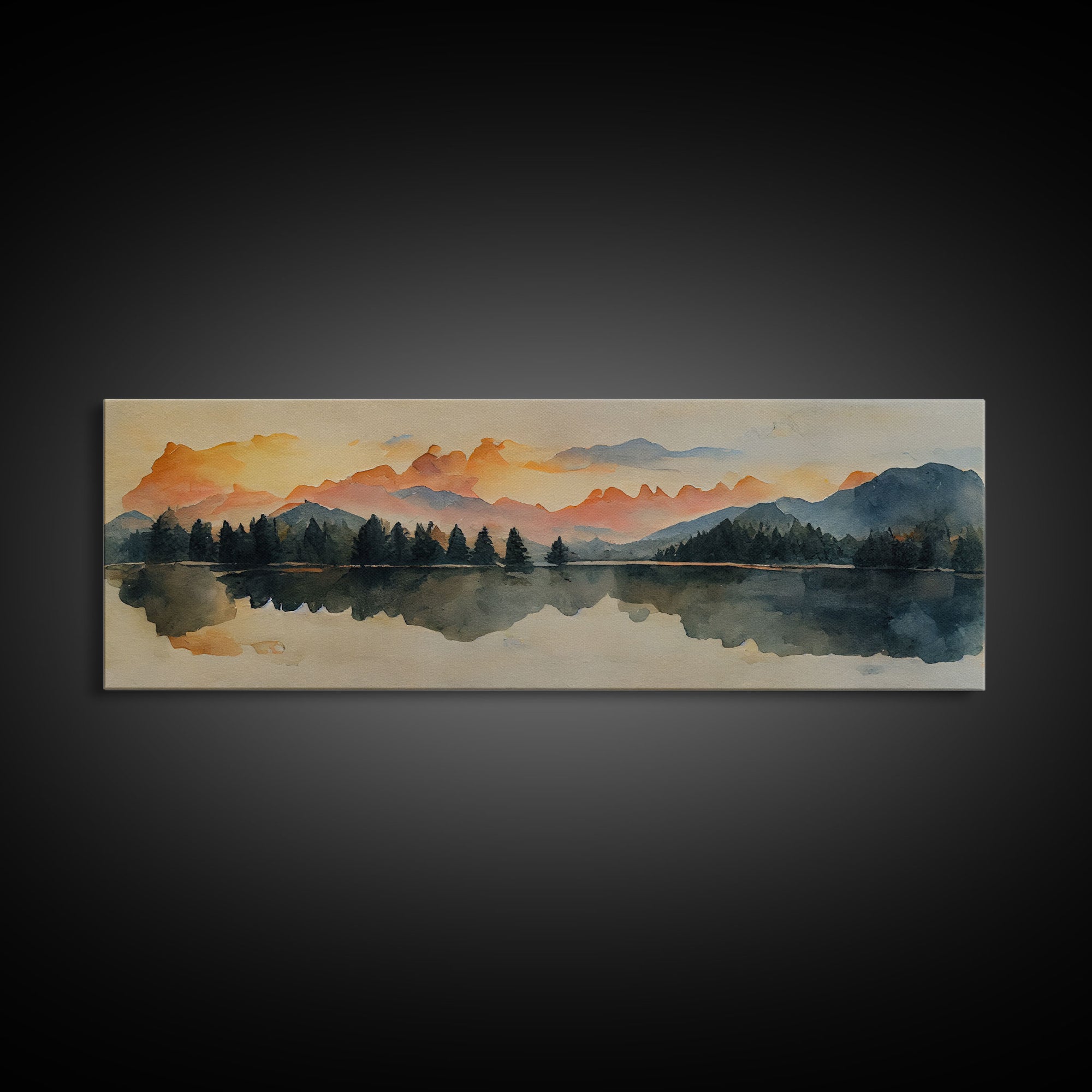 Unique watercolor painting of a forest fire, panoramic canvas print, ready to hang, gloomy wall decor