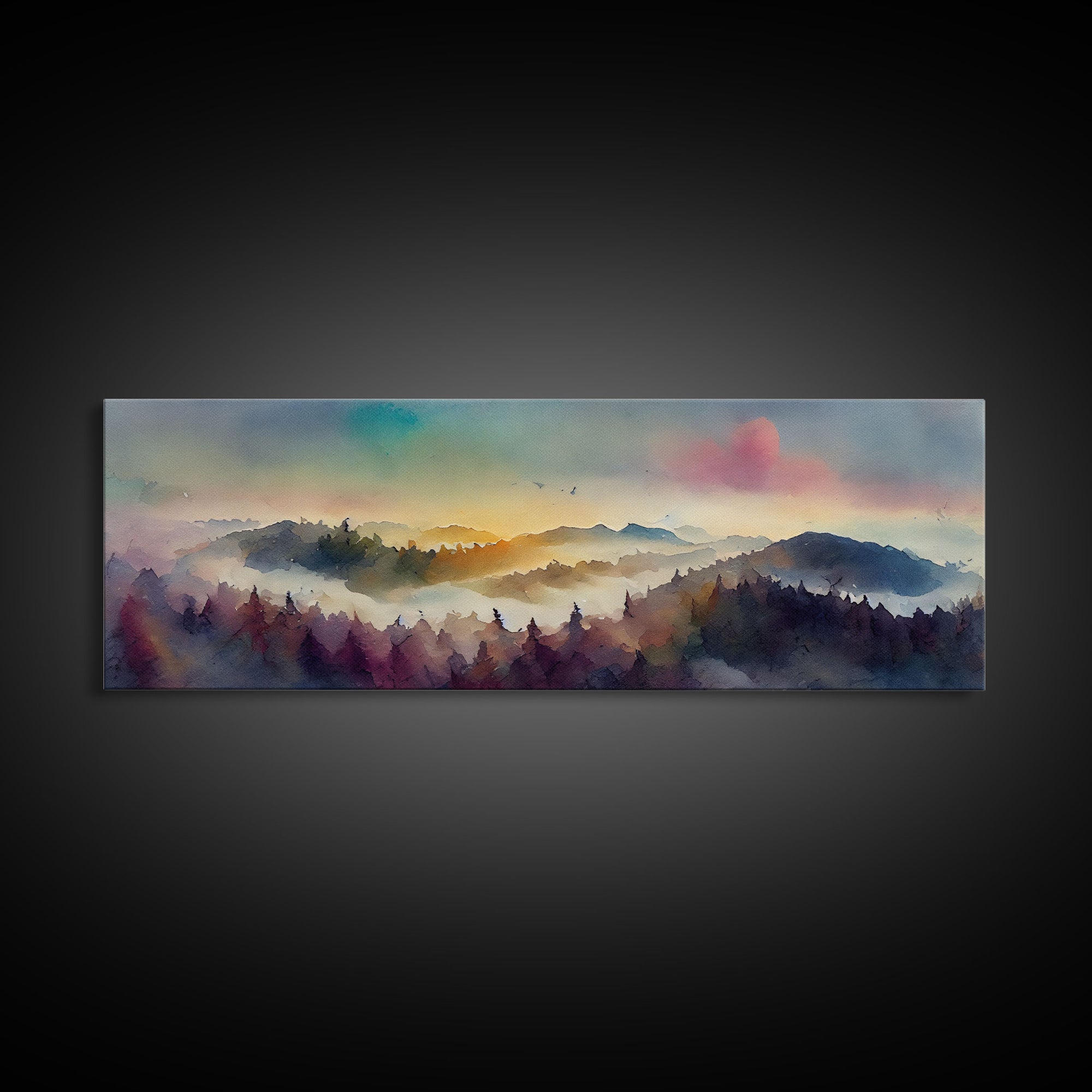 Dramatic Watercolor Sunset Landscape, Ready To Hang Canvas Print, Panoramic, Emerald Green Landscape Wall Decor, Watercolour Painting