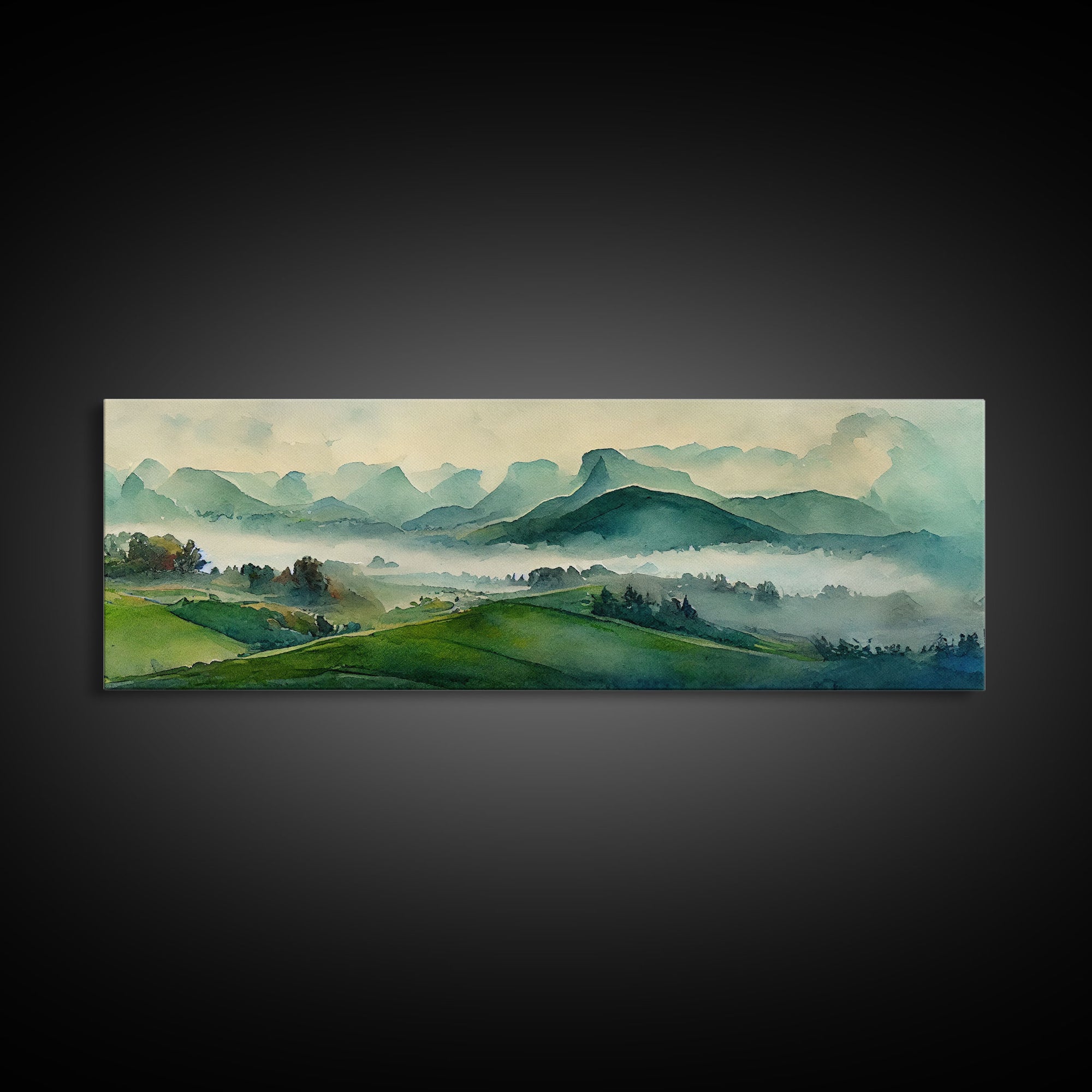 Watercolor Green Land Scape, Ready To Hang Canvas Print, Panoramic Art, Living Room Guest Room Art, Above Bed Landscape Art