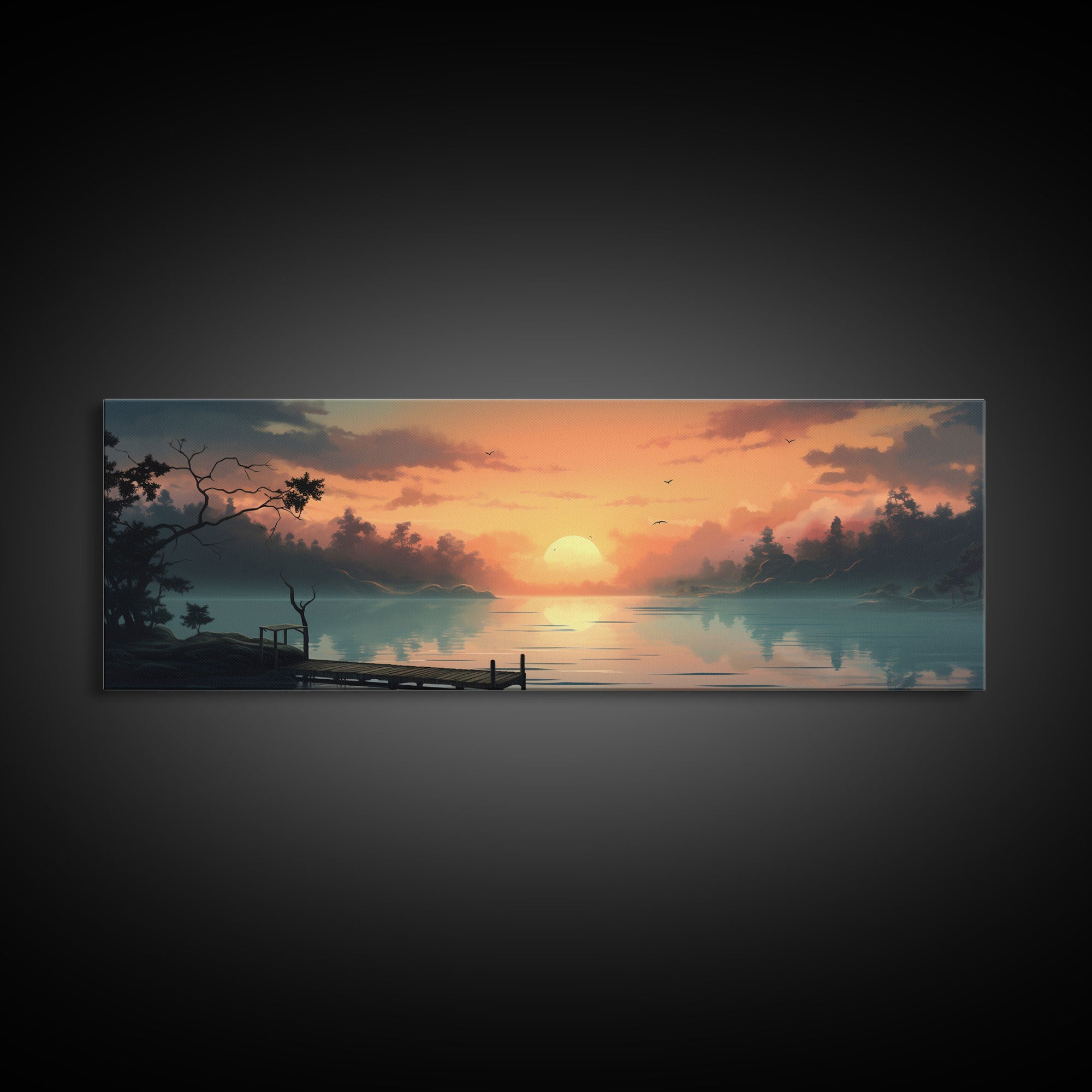 Custom Lakehouse Wall Art Framed Canvas Print, Gift For Him / Her, Lake House Decor, Watercolor Painting Of A Sunset Over The Lake